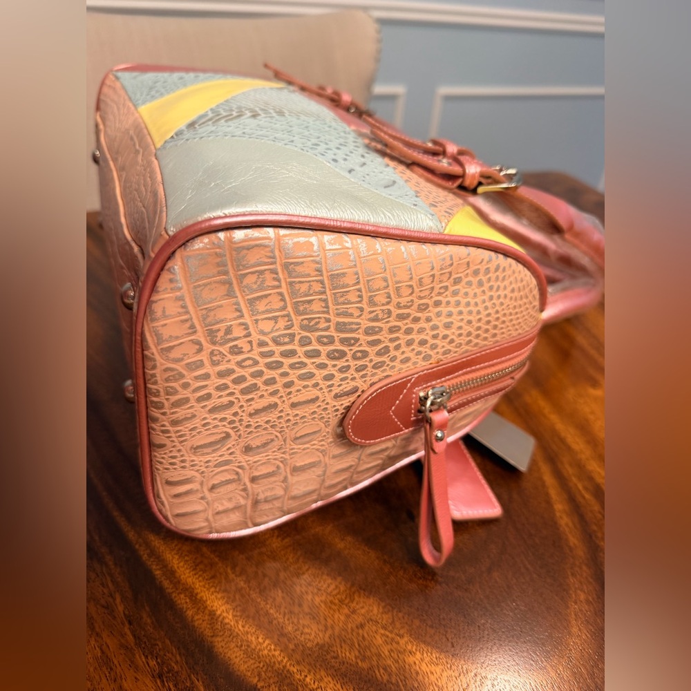 Sharif Multicolor Patchwork Leather Satchel - Coral, Yellow, Beige - Picture 11 of 16